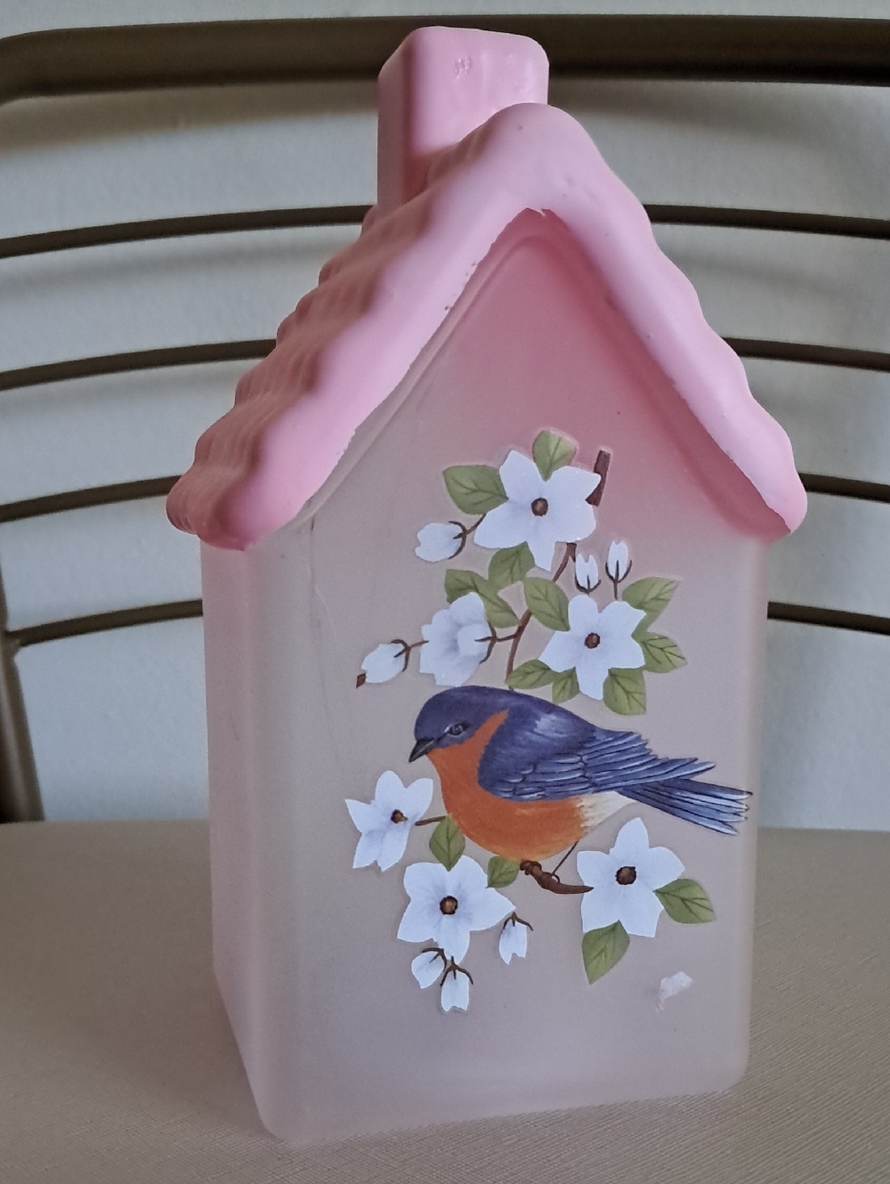 Pink Floral Birdhouse Accent Lantern with Hand-Painted Bird